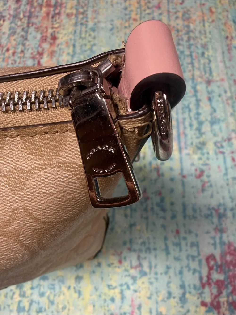 Coach Beige Signature Hobo with Pink Braided Strap